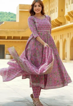 Printed Pure Cotton Aline Suit in Purple