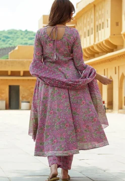 Printed Pure Cotton Aline Suit in Purple
