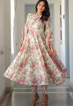 Printed Pure Cotton Aline Suit in Off White