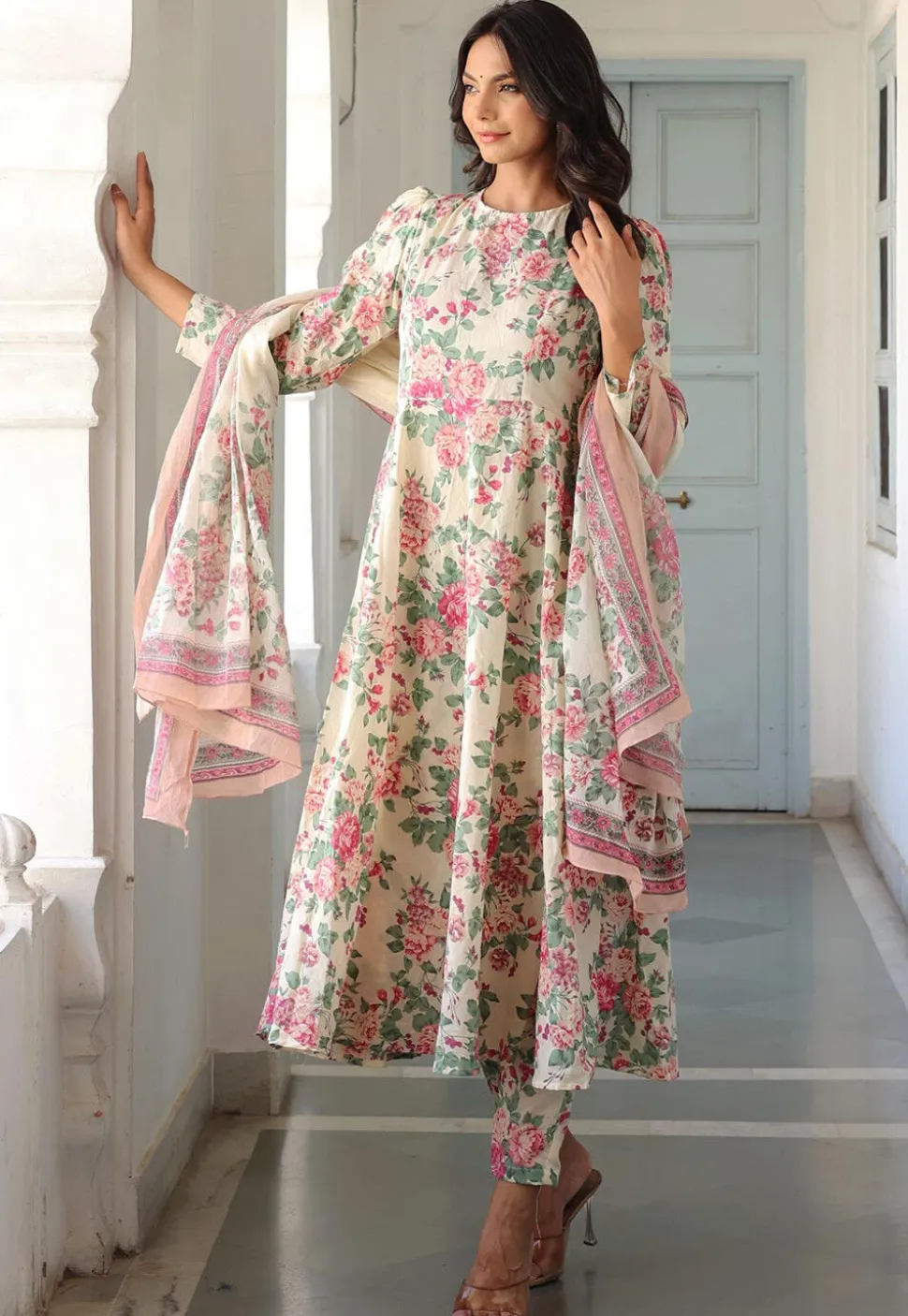 Printed Pure Cotton Aline Suit in Off White