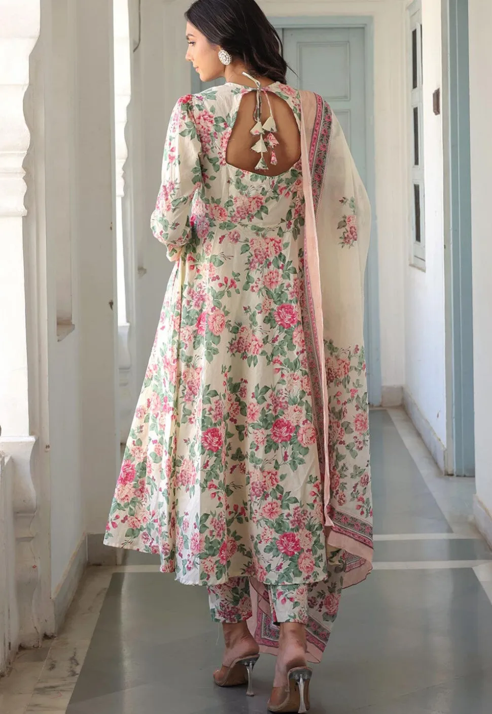 Printed Pure Cotton Aline Suit in Off White