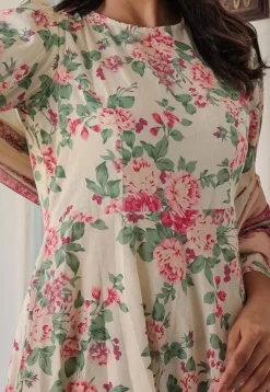 Printed Pure Cotton Aline Suit in Off White