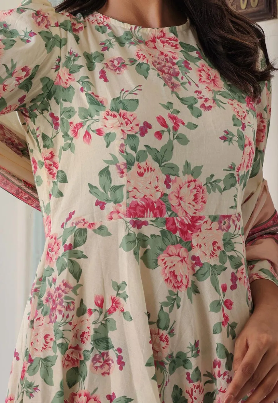 Printed Pure Cotton Aline Suit in Off White