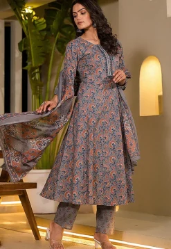 Printed Pure Cotton Aline Suit in Grey