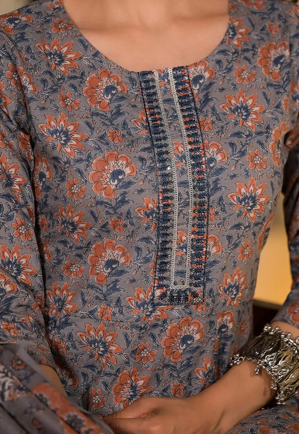 Printed Pure Cotton Aline Suit in Grey