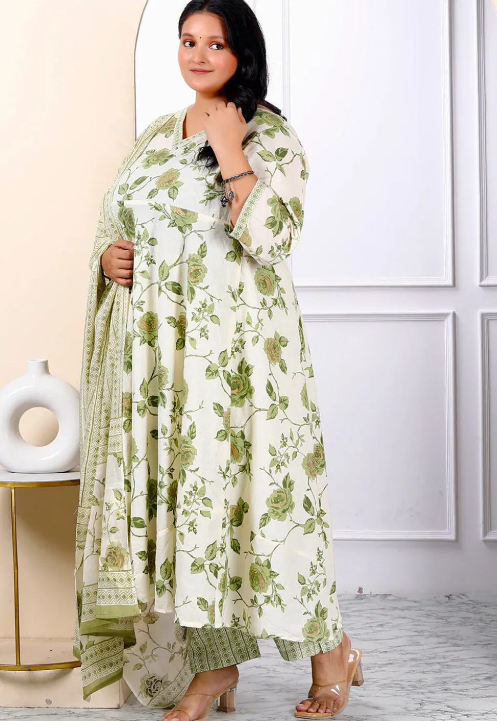 Printed Pure Cotton Aline Suit in Off White