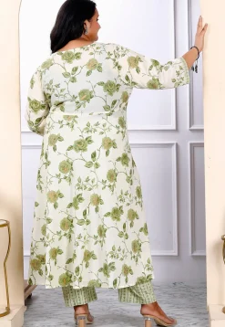 Printed Pure Cotton Aline Suit in Off White
