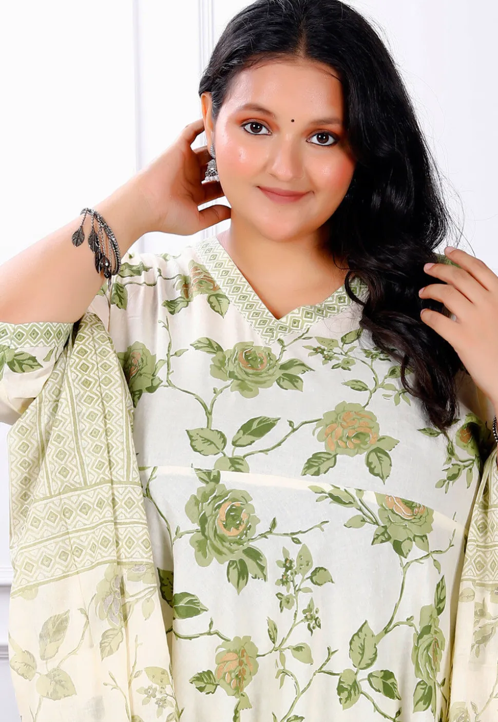 Printed Pure Cotton Aline Suit in Off White