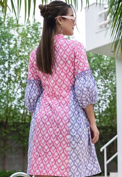 Printed Pure Cotton Aline Dress in Pink and Light Purple