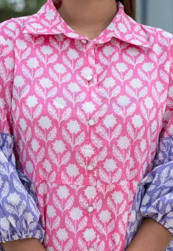 Printed Pure Cotton Aline Dress in Pink and Light Purple