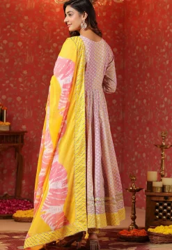 Printed Pure Cotton Aline Suit in Light Pink