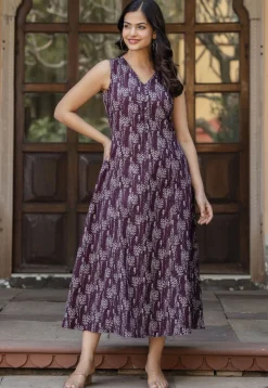 Printed Pure Cotton Aline Dress in Dark Violet
