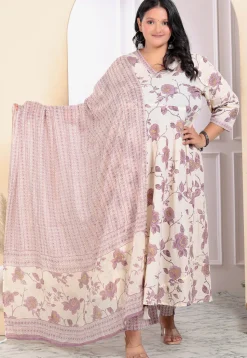 Printed Pure Cotton Aline Suit in Off White