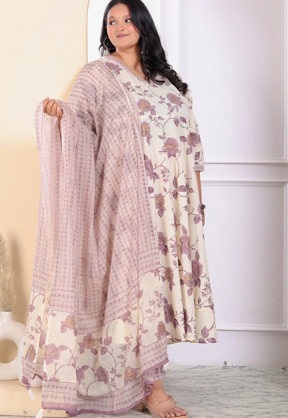 Printed Pure Cotton Aline Suit in Off White