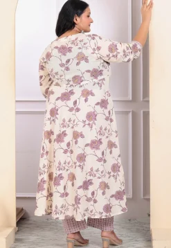 Printed Pure Cotton Aline Suit in Off White