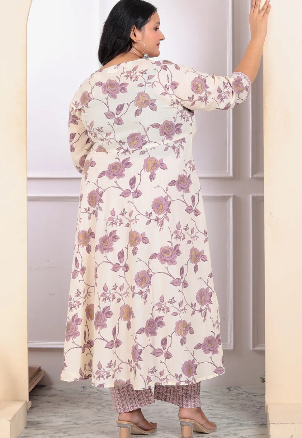 Printed Pure Cotton Aline Suit in Off White