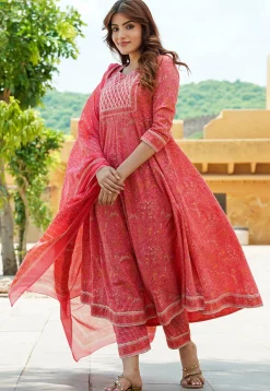 Printed Pure Cotton Aline Suit in Pink