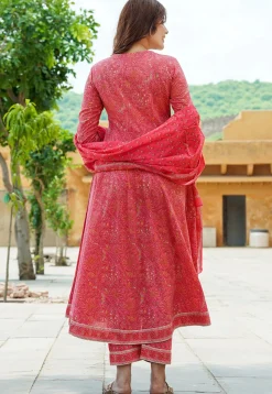 Printed Pure Cotton Aline Suit in Pink