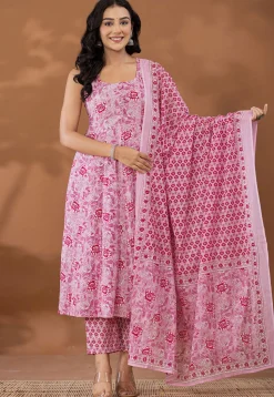 Printed Pure Cotton Aline Suit in Light Pink