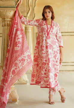 Printed Pure Cotton Aline Suit in Off White and Dark Pink