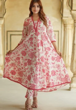 Printed Pure Cotton Aline Suit in Off White and Dark Pink