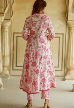 Printed Pure Cotton Aline Suit in Off White and Dark Pink
