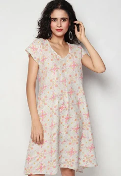 Printed Pure Cotton Aline Dress in Off White
