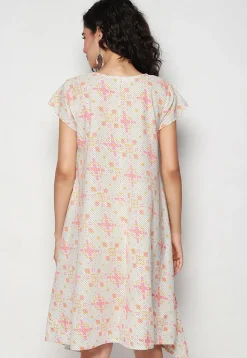 Printed Pure Cotton Aline Dress in Off White