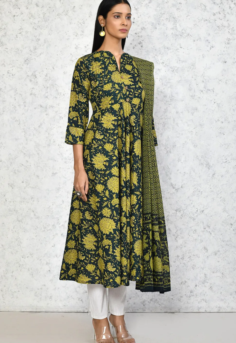 Printed Pure Cotton Aline Suit in Dark Green