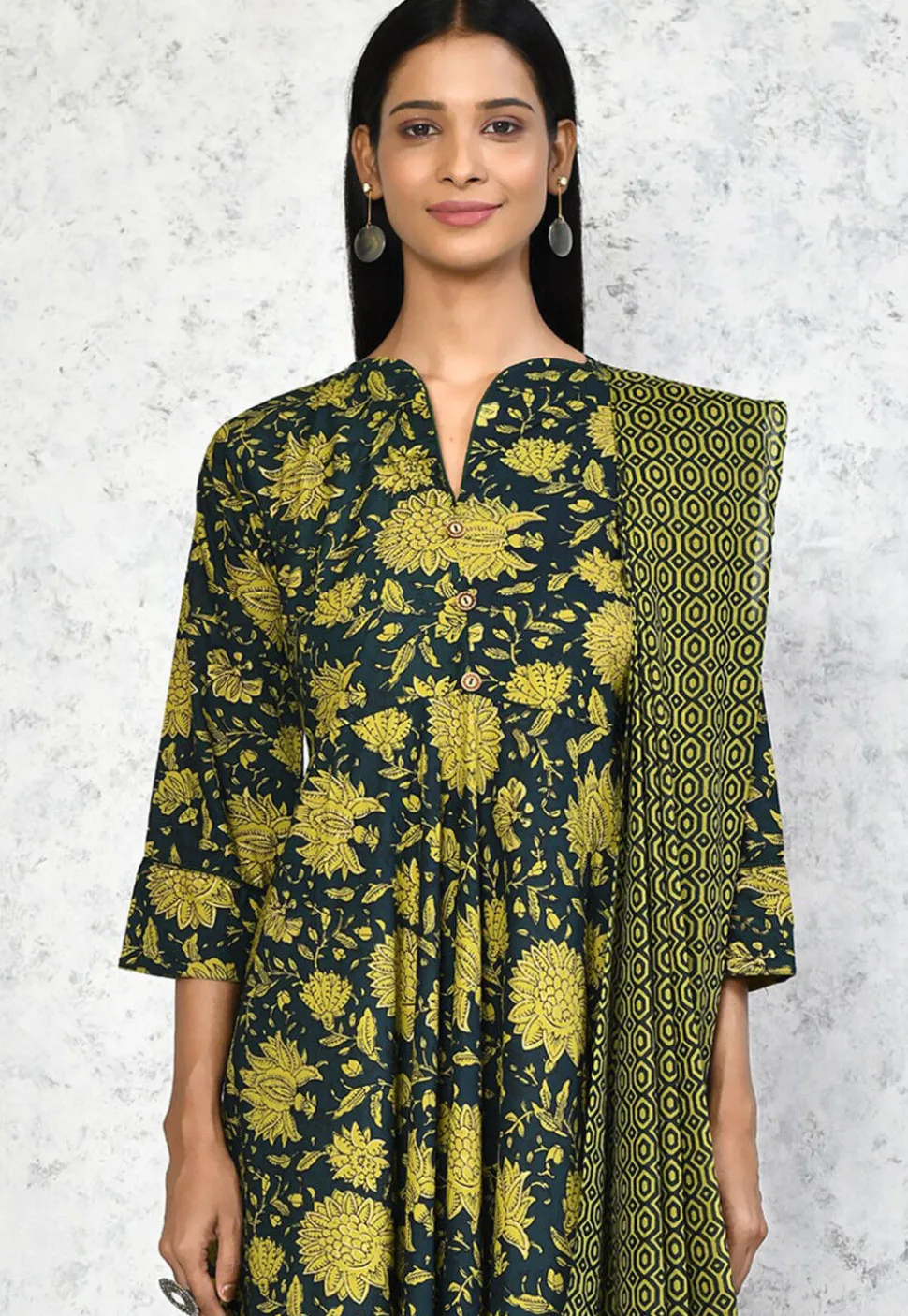Printed Pure Cotton Aline Suit in Dark Green