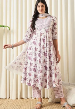 Printed Pure Cotton Aline Suit in White and Purple