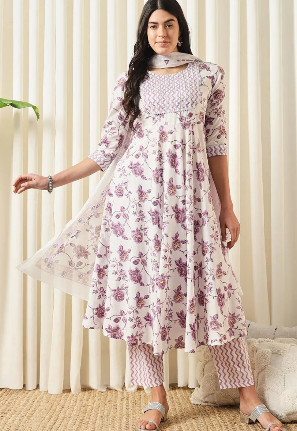 Printed Pure Cotton Aline Suit in White and Purple