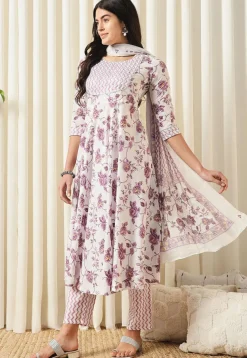 Printed Pure Cotton Aline Suit in White and Purple