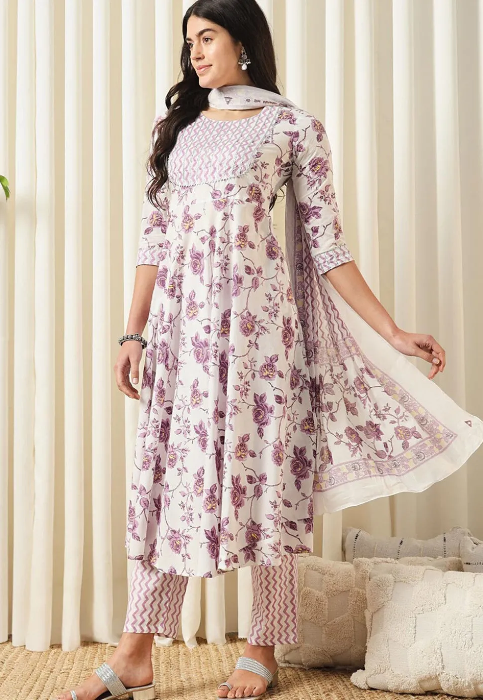 Printed Pure Cotton Aline Suit in White and Purple