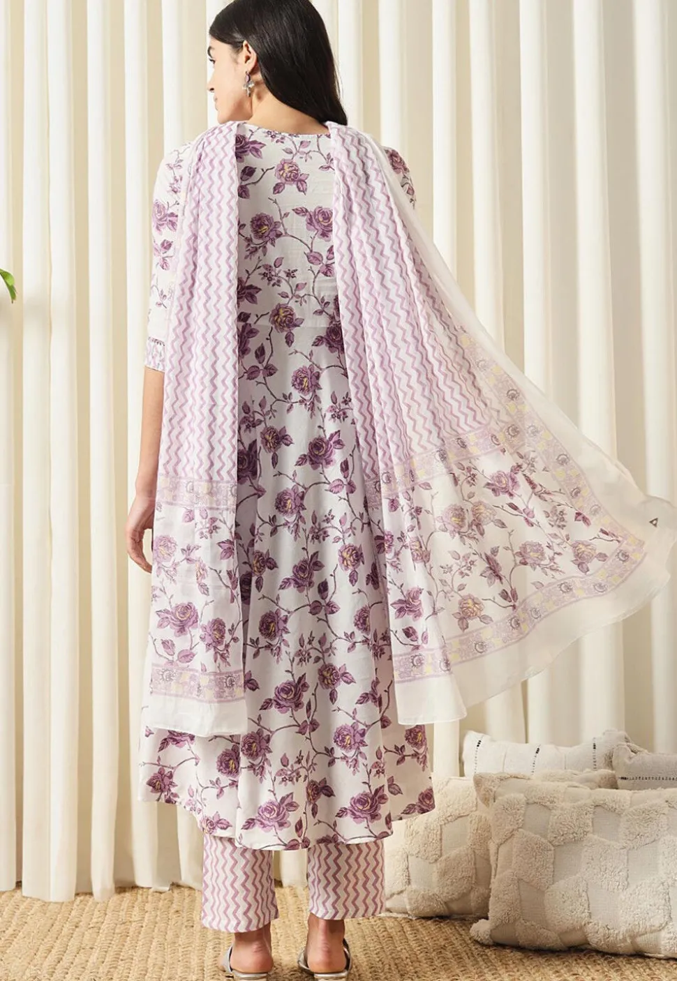 Printed Pure Cotton Aline Suit in White and Purple