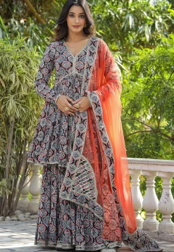 Printed Pure Cotton Aline Suit in Black