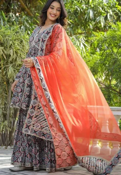 Printed Pure Cotton Aline Suit in Black