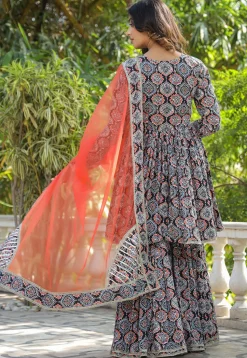 Printed Pure Cotton Aline Suit in Black
