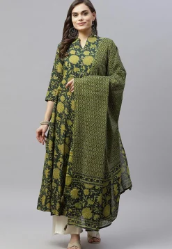 Printed Pure Cotton Aline Suit in Dark Green