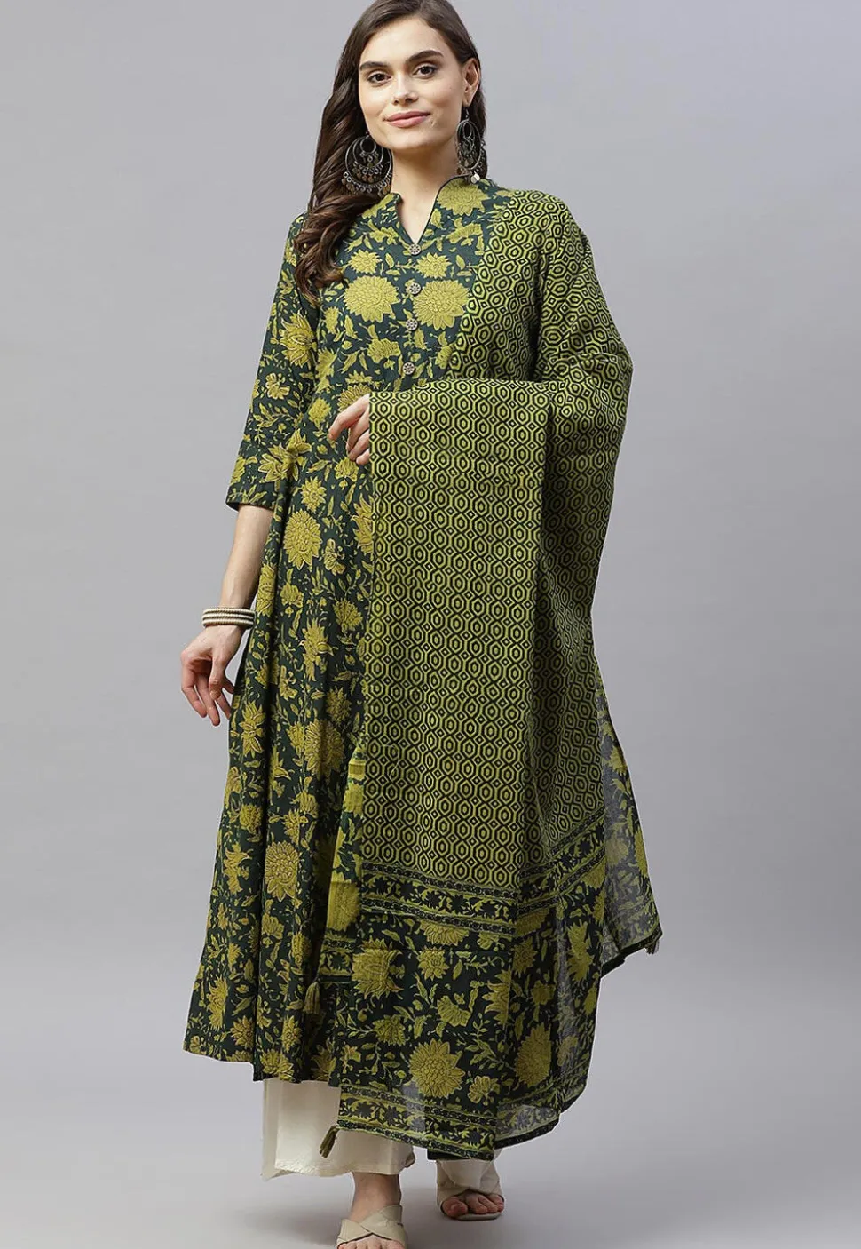 Printed Pure Cotton Aline Suit in Dark Green