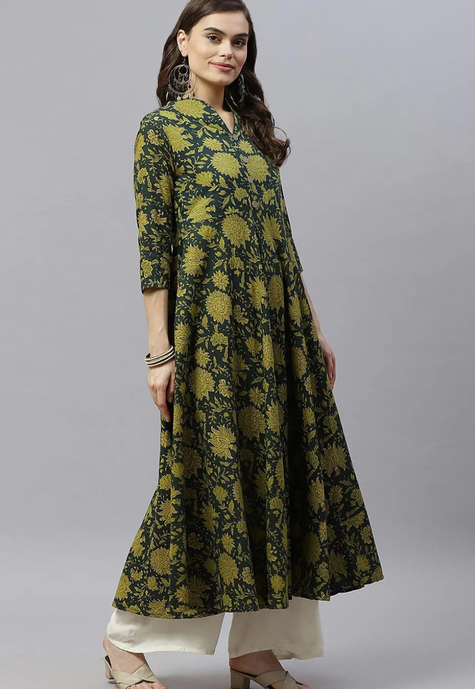 Printed Pure Cotton Aline Suit in Dark Green