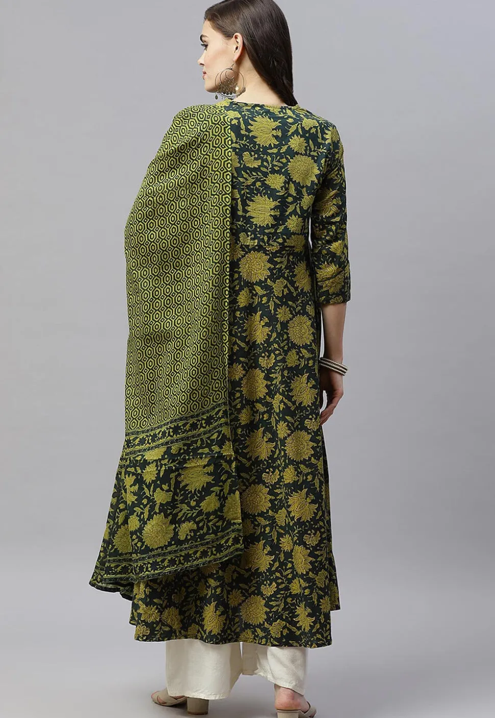 Printed Pure Cotton Aline Suit in Dark Green