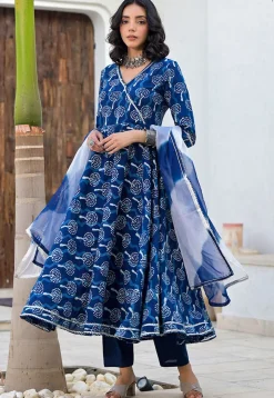 Printed Pure Cotton Aline Suit in Royal Blue
