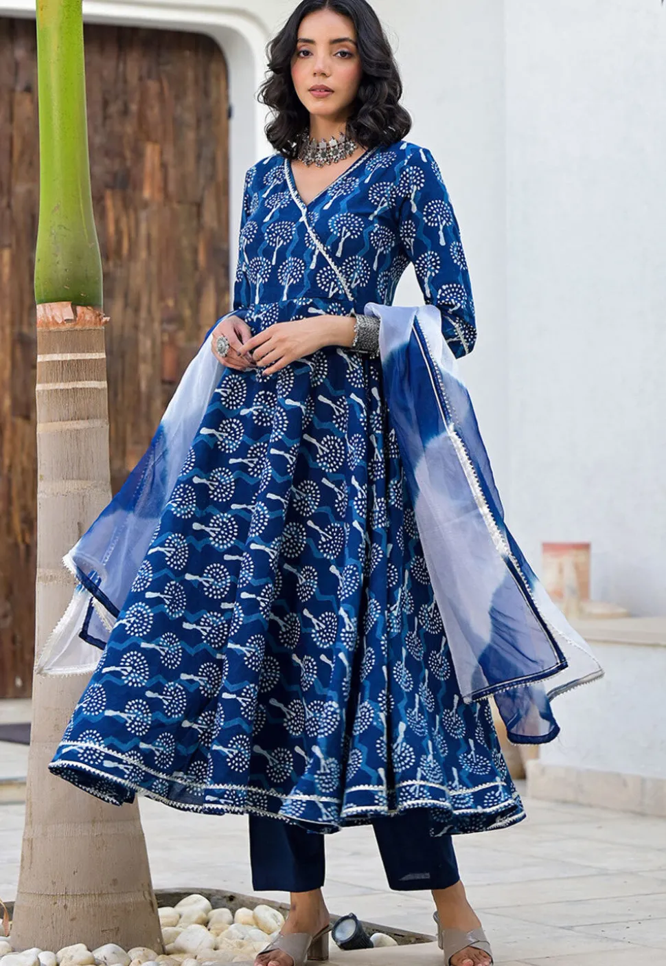 Printed Pure Cotton Aline Suit in Royal Blue