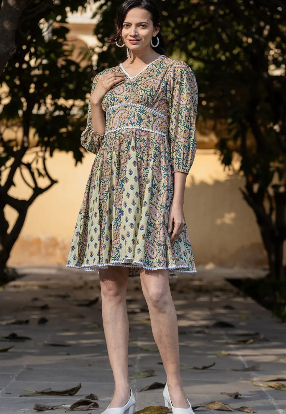 Printed Pure Cotton Aline Dress in Light Green