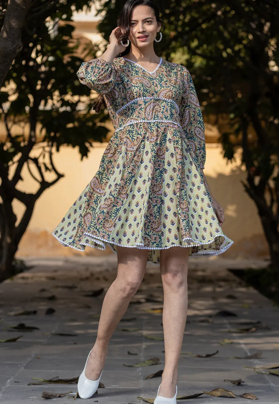 Printed Pure Cotton Aline Dress in Light Green