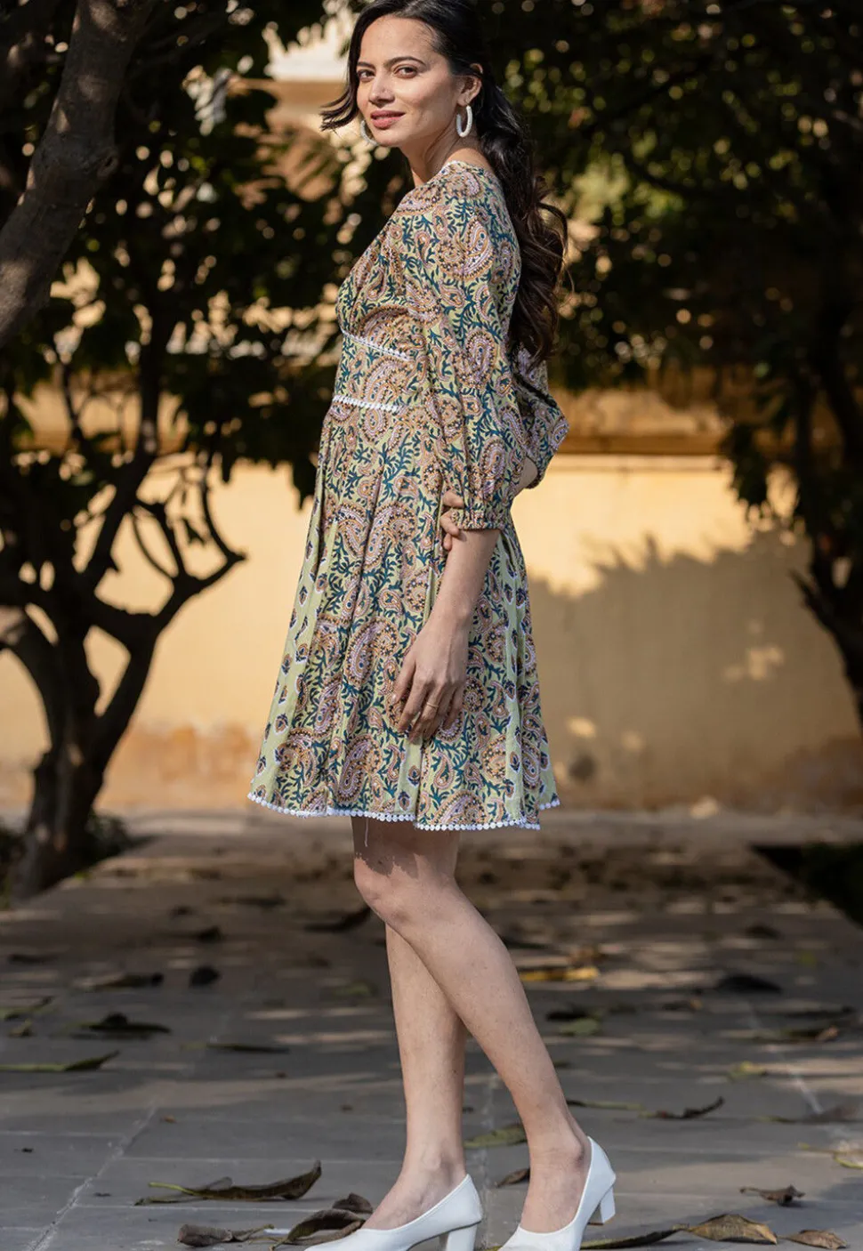 Printed Pure Cotton Aline Dress in Light Green