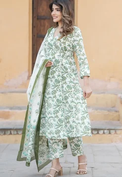 Printed Pure Cotton Aline Suit in White and Green