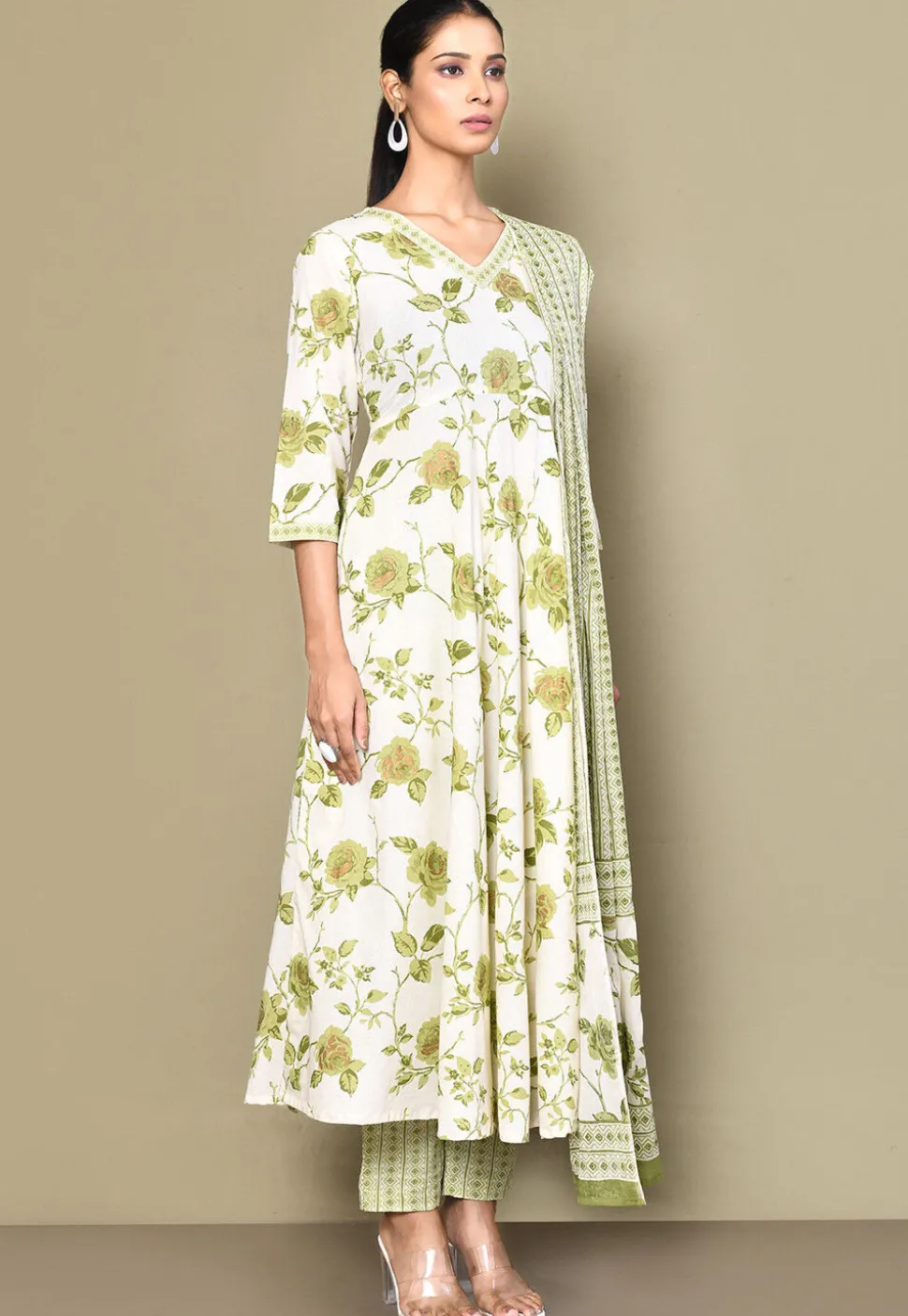 Printed Pure Cotton Aline Suit in Off White