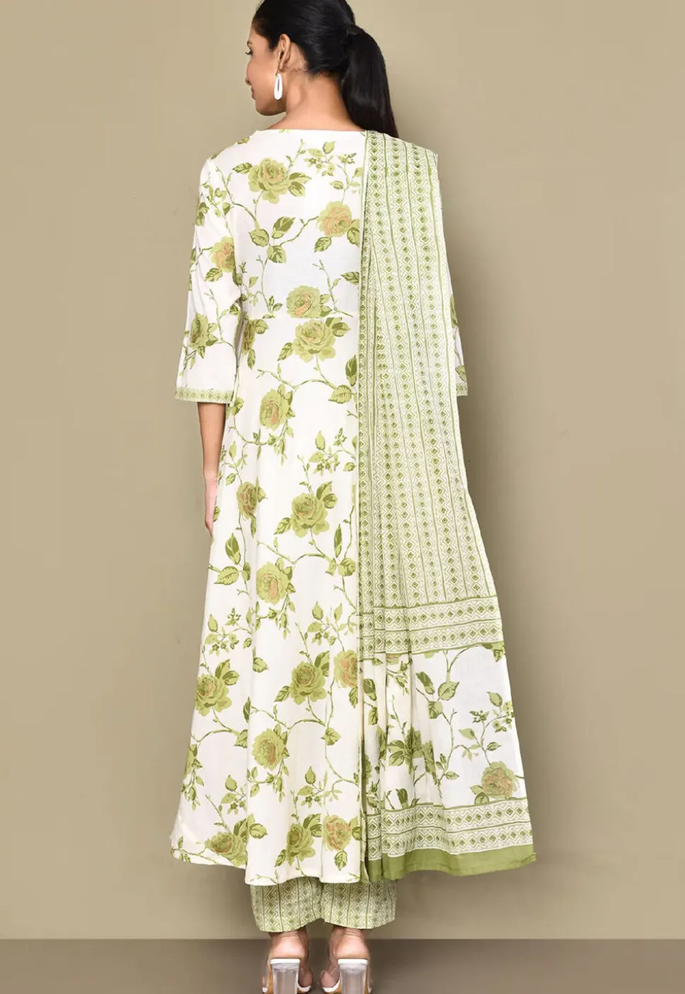 Printed Pure Cotton Aline Suit in Off White